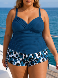 Gabriella | Tankini a Coste con Shorts Stampati Taglie Forti